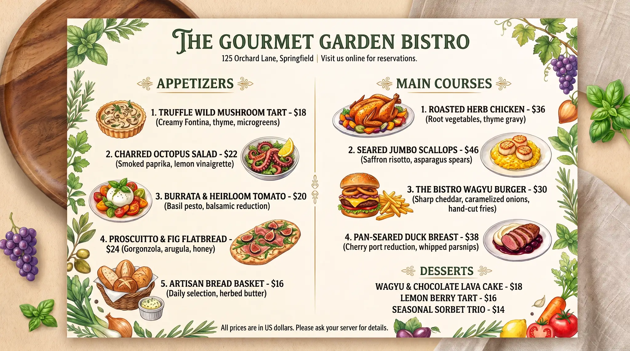 Restaurant menu after changing the Seared Jumbo Scallops price from $44 to $46