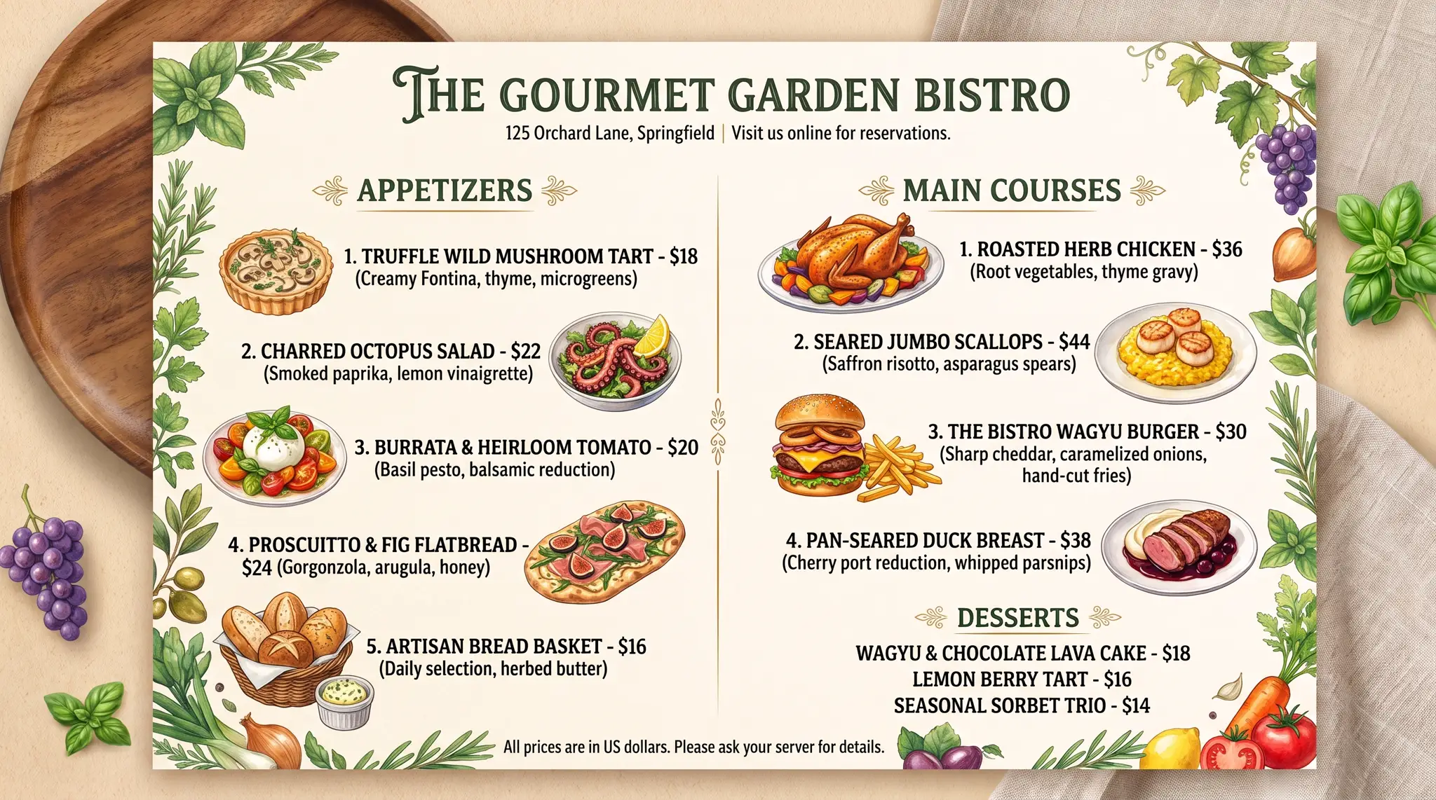 Restaurant menu before changing the Seared Jumbo Scallops price from $44