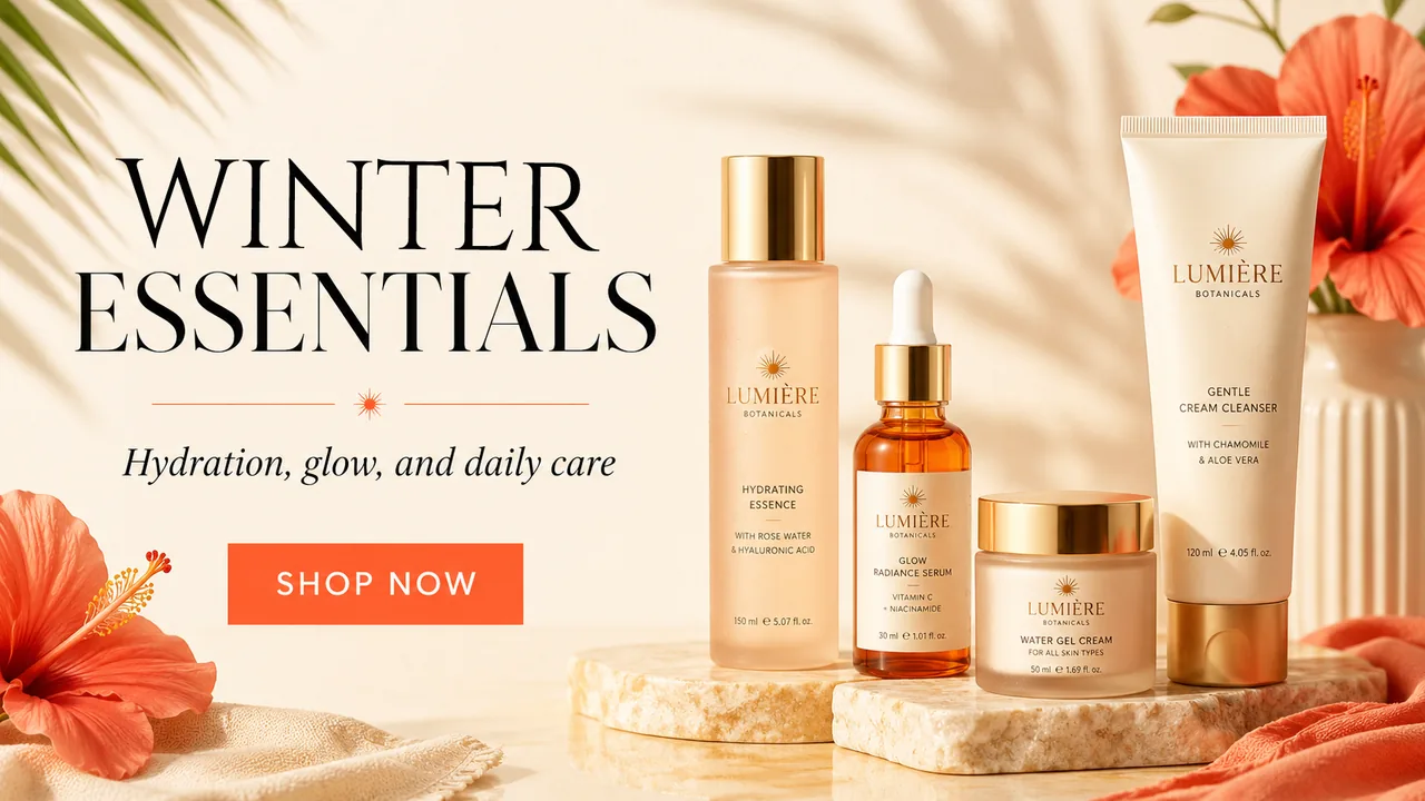 After editing: skincare product promotion with the text "WINTER ESSENTIALS"