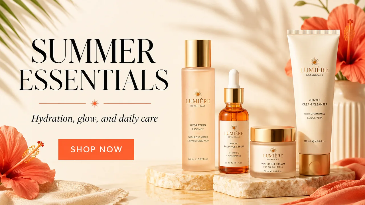 Before editing: skincare product promotion with the text "SUMMER ESSENTIALS"