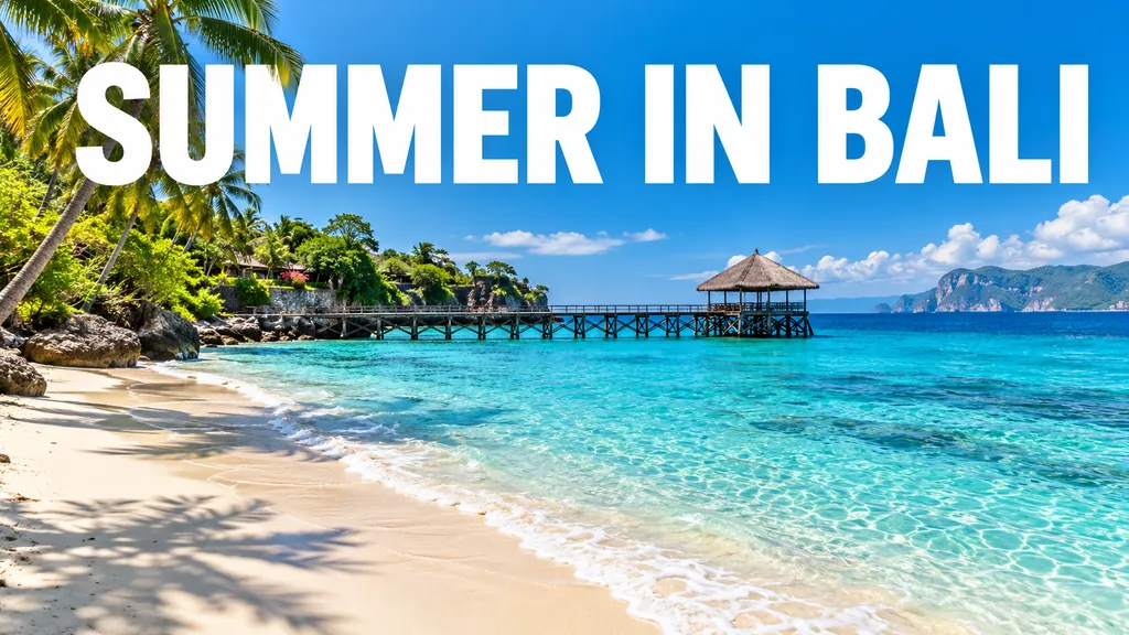 Travel photo with the large SUMMER IN BALI headline across the sky, before the text is removed