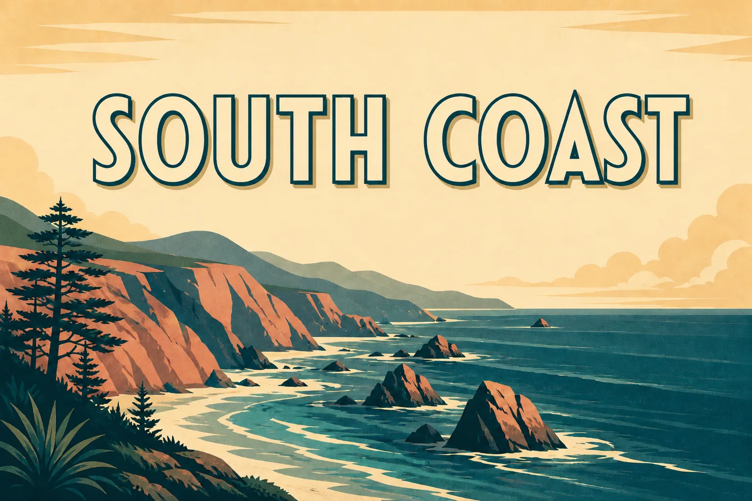 Retro travel poster after replacing North Coast with South Coast in a similar font style