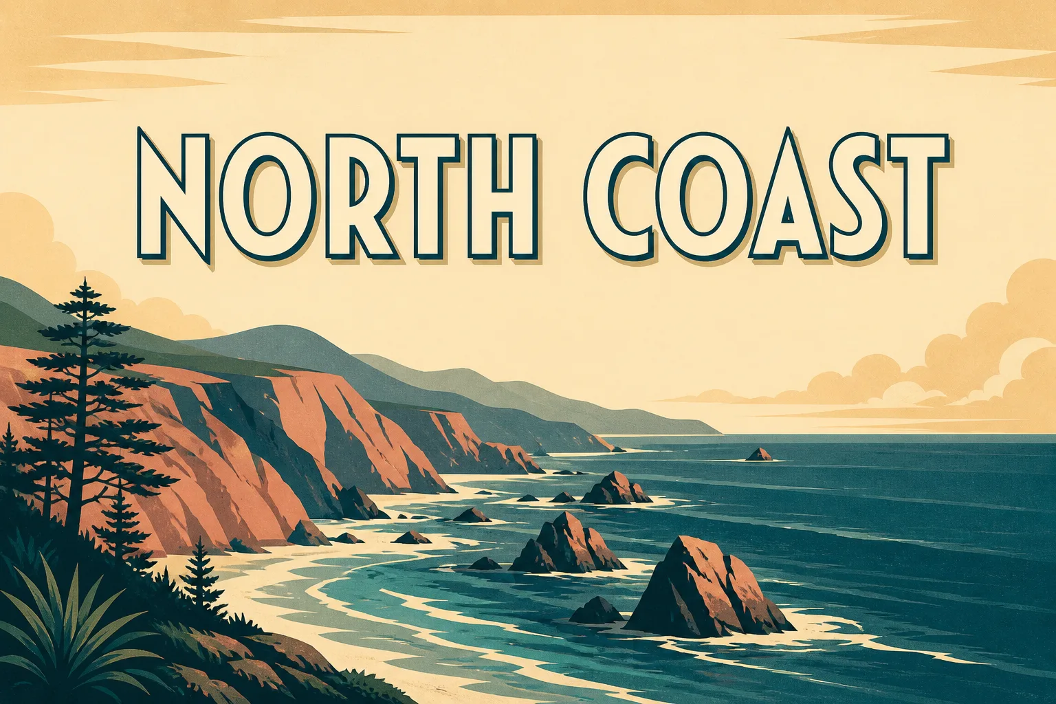 Retro travel poster before replacing the title North Coast